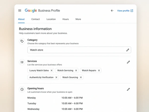 A business profile with categories, services, hours and photographs all filled in