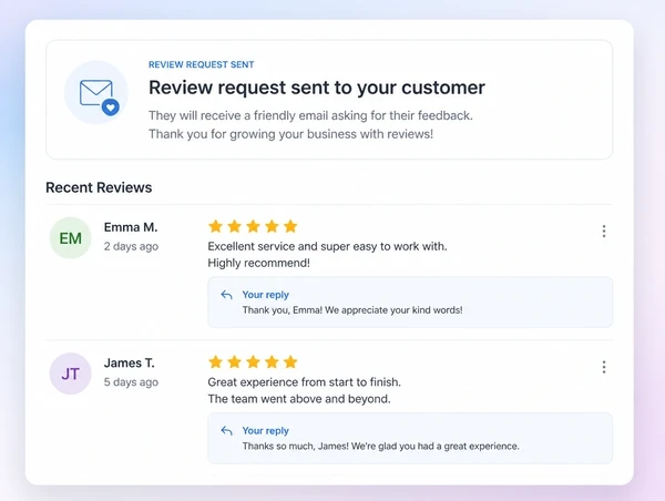 A review request sent after a job, with the owner replying to each review