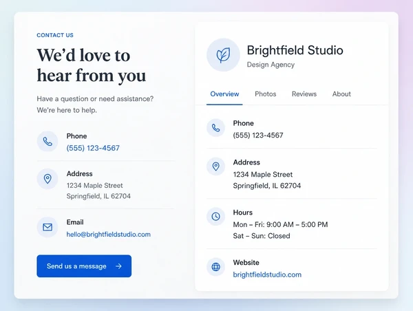 A website and a business listing showing the same phone number and address