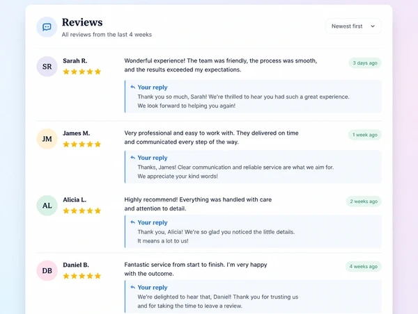 Recent reviews arriving this month, each with a short reply from the owner