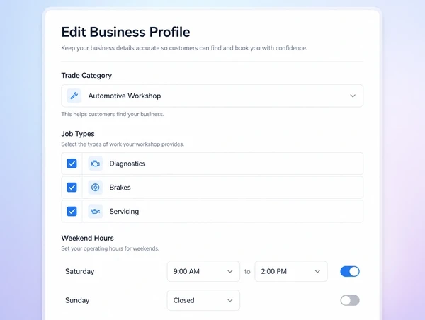 A business profile with the trade category, job list, hours and premises photographs filled in