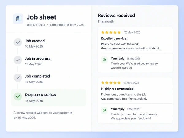 A job sheet with a review request step, beside recent reviews and their replies