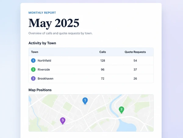 A monthly report showing calls and quote requests broken down by town