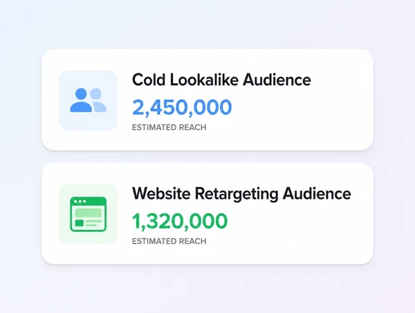 A cold lookalike audience and a website retargeting audience with their reach