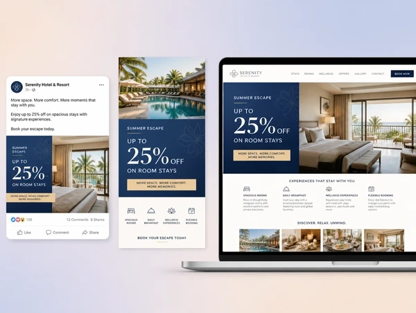 A social post, an advert and a web page shown together carrying one offer