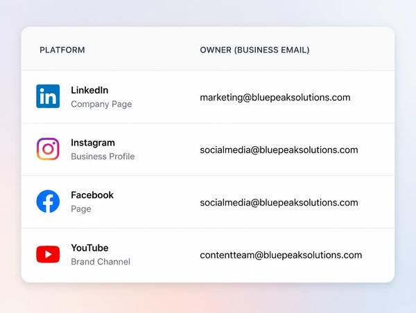 An account ownership screen listing the business email as the owner of each platform