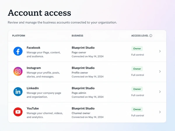 An account access screen listing the business as owner on every platform