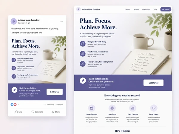 An advert shown beside the landing page it opens, both carrying the same offer