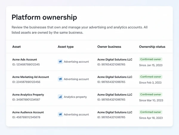 An account list showing the business itself as owner of every platform