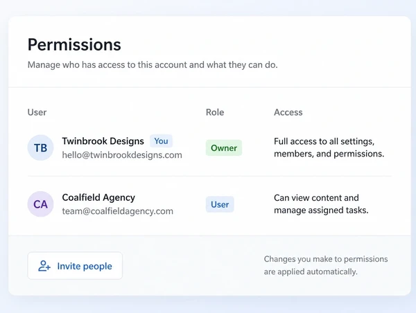 An account access screen showing the business as owner and the agency as a user