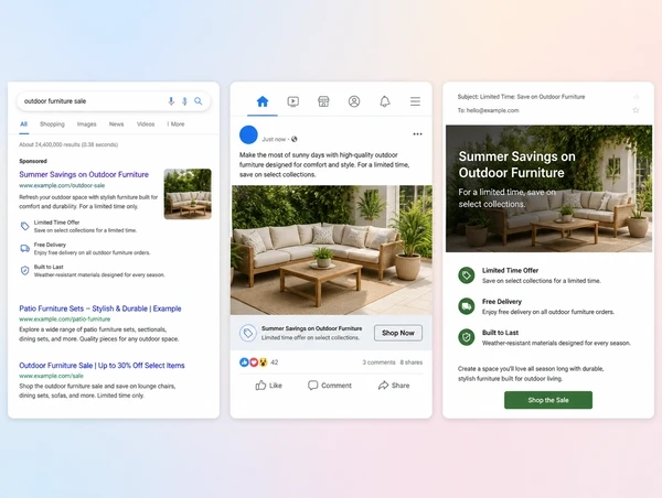 An advert and a landing page shown side by side with matching wording