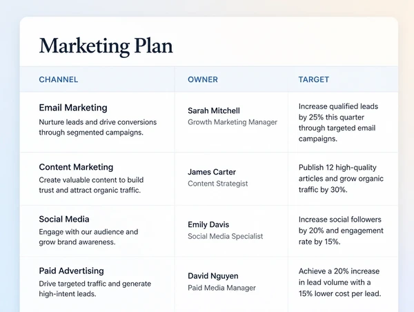 A marketing plan showing every channel with one owner and one target