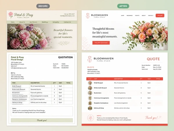A dated and a redrawn version of one company's quote document and website header shown side by side