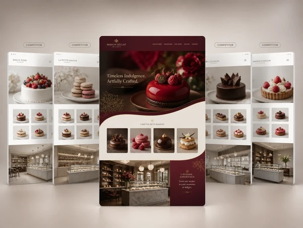 A patisserie's redrawn website standing in front of four competitor sites that all look alike