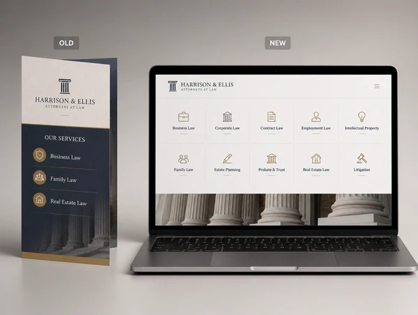 A law firm's old three service brochure beside the new website page listing ten services