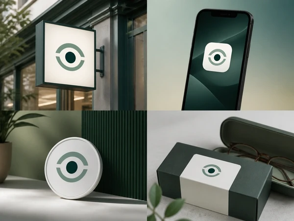 A optometry practice's new identity on a shop sign, an app icon, a social profile and a packaging label