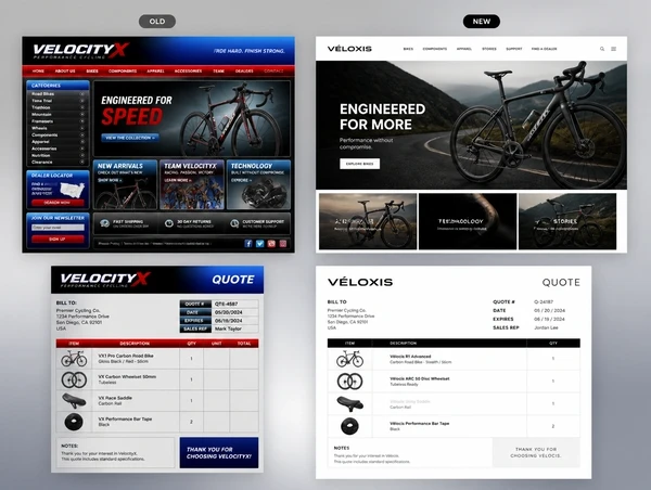 A performance cycling brand's dated website and quote document labelled old, beside the redrawn pair labelled new