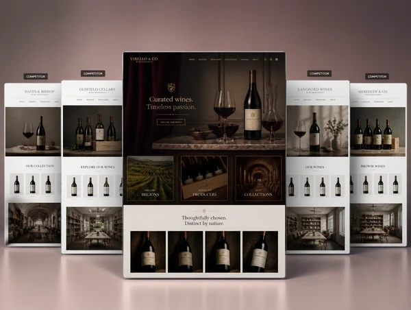 A wine merchant's redrawn website standing in front of four competitor sites that all look alike