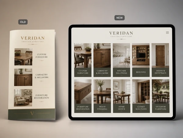 A furniture maker's old three service brochure beside the new website page listing ten services