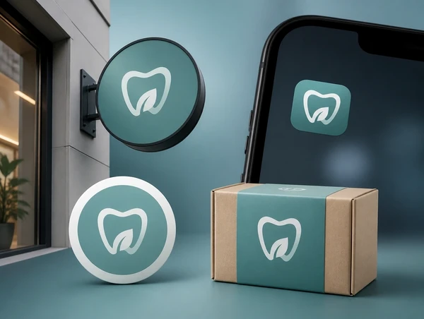 A dental clinic's new identity on a shop sign, an app icon, a social profile and a packaging label