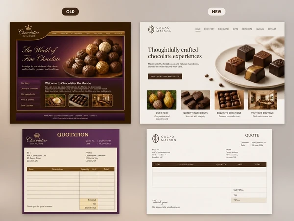 A chocolate maker's dated website and quote document labelled old, beside the redrawn pair labelled new