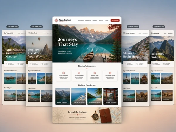 A travel agency's redrawn website standing in front of four competitor sites that all look alike