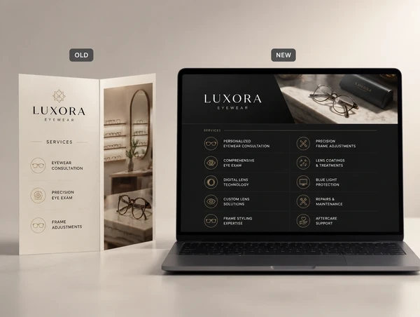 A eyewear brand's old three service brochure beside the new website page listing ten services