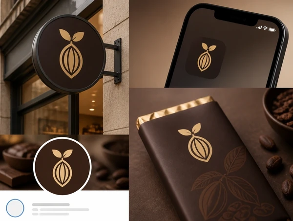 A chocolate maker's new identity on a shop sign, an app icon, a social profile and a packaging label