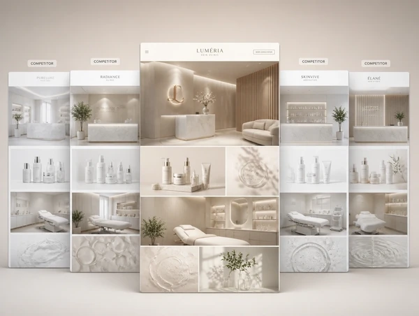A skincare clinic's redrawn website standing in front of four competitor sites that all look alike