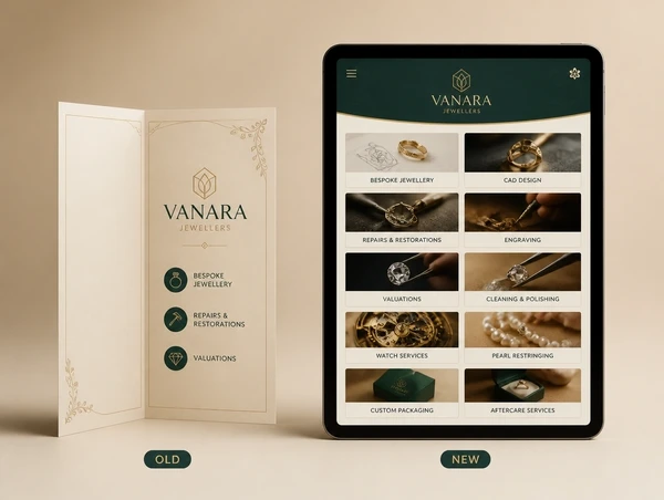 A jewellery brand's old three service brochure beside the new website page listing ten services