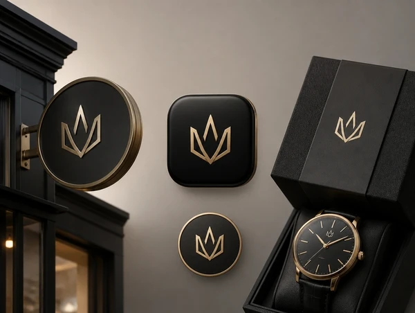 A luxury watch brand's new identity on a shop sign, an app icon, a social profile and a packaging label