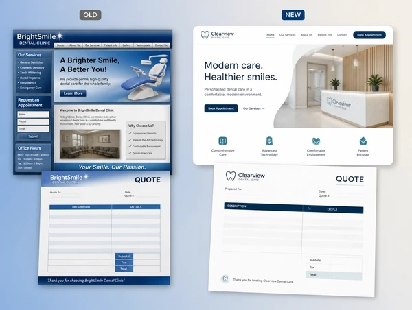 A dental clinic's dated website and quote document labelled old, beside the redrawn pair labelled new
