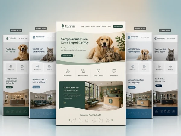 A veterinary clinic's redrawn website standing in front of four competitor sites that all look alike