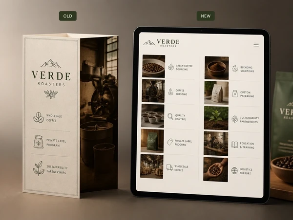 A coffee roastery's old three service brochure beside the new website page listing ten services