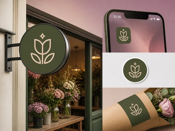 A florist's new identity on a shop sign, an app icon, a social profile and a packaging label