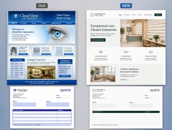 A optometry practice's dated website and quote document labelled old, beside the redrawn pair labelled new