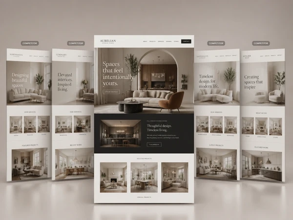 A interior design studio's redrawn website standing in front of four competitor sites that all look alike