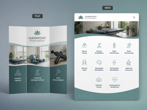 A physiotherapy clinic's old three service brochure beside the new website page listing ten services