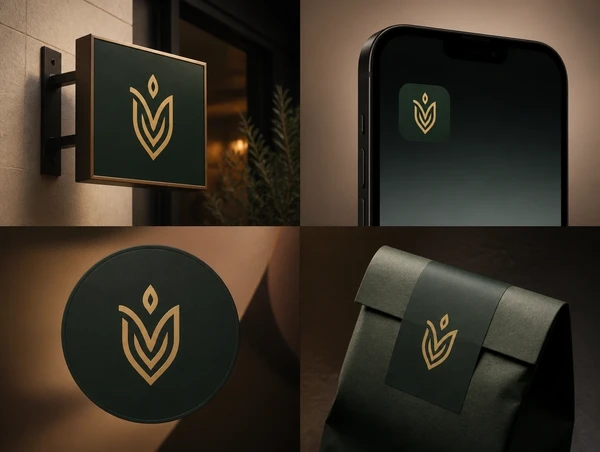 A fine dining restaurant's new identity on a shop sign, an app icon, a social profile and a packaging label