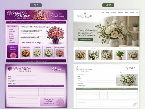 A florist's dated website and quote document labelled old, beside the redrawn pair labelled new