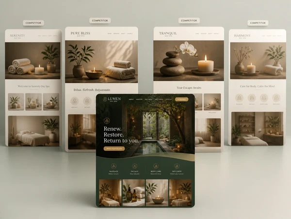 A day spa's redrawn website standing in front of four competitor sites that all look alike