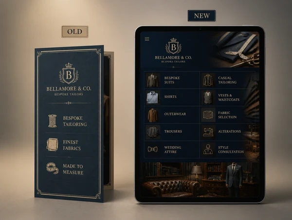 A bespoke tailor's old three service brochure beside the new website page listing ten services