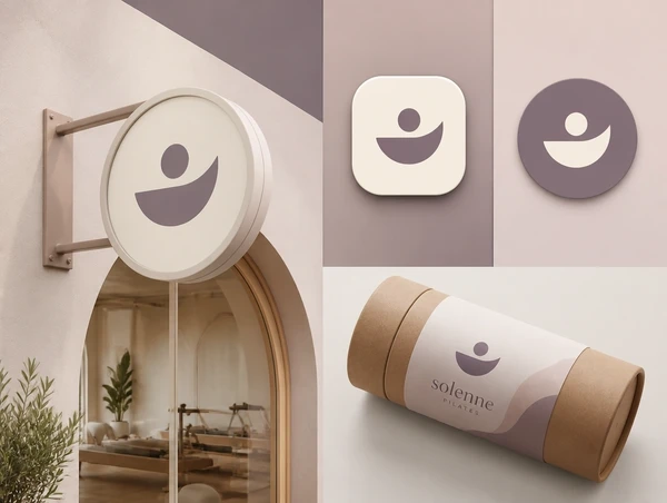 A pilates studio's new identity on a shop sign, an app icon, a social profile and a packaging label