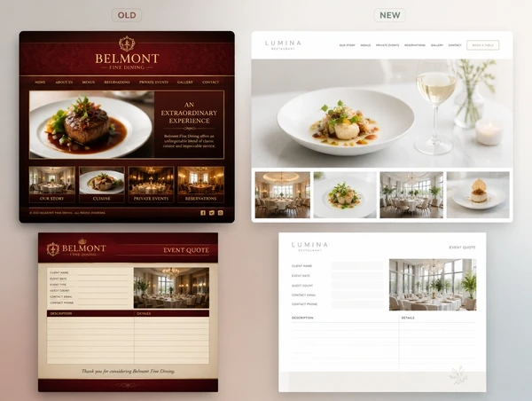 A fine dining restaurant's dated website and quote document labelled old, beside the redrawn pair labelled new