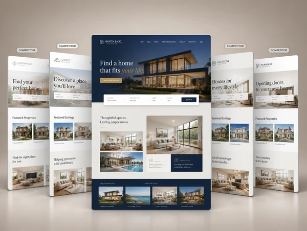 A real estate agency's redrawn website standing in front of four competitor sites that all look alike