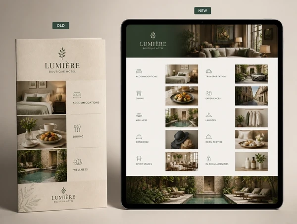 A boutique hotel's old three service brochure beside the new website page listing ten services