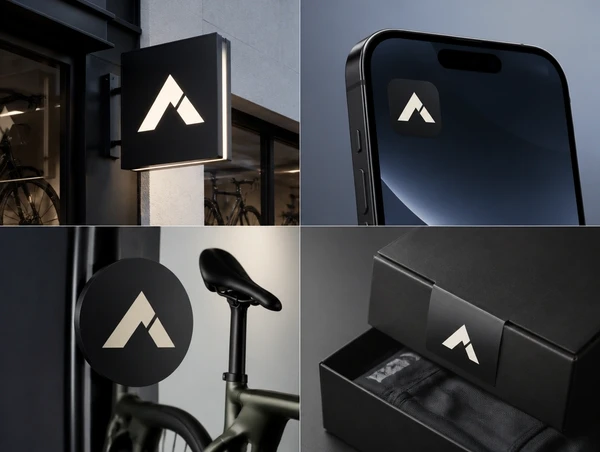 A performance cycling brand's new identity on a shop sign, an app icon, a social profile and a packaging label
