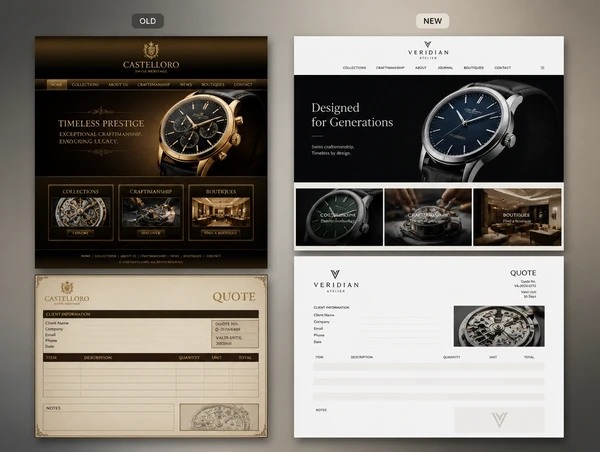 A luxury watch brand's dated website and quote document labelled old, beside the redrawn pair labelled new