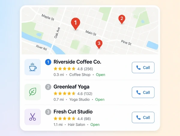 Local map results with one business ranked first, showing its rating and a call button