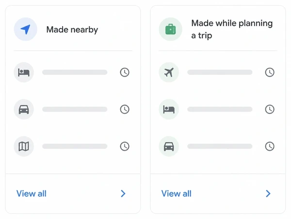 Two searches side by side, one made nearby and one made while planning a trip